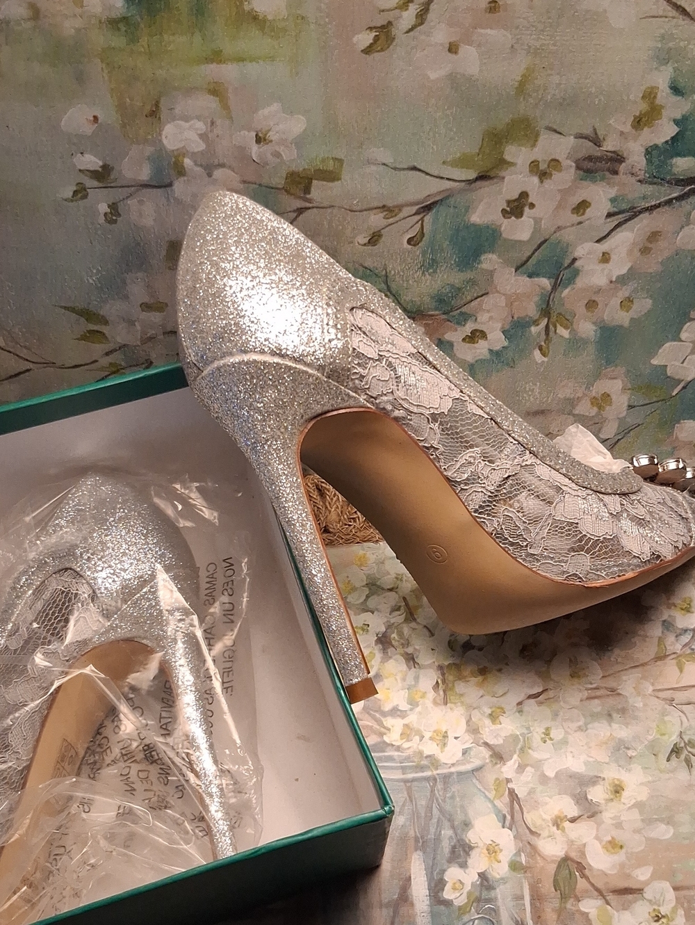 Lauren Lorraine Silver Glitter Lace Pointed-Toe Heels with Crystal Cluster - Picture 9 of 10
